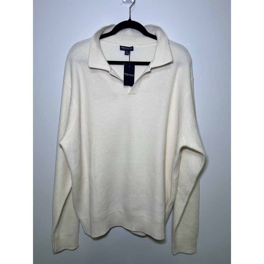 Peter Millar Alpine Riviera Collar Men's Cashmere Wool Sweater Ivory White Small